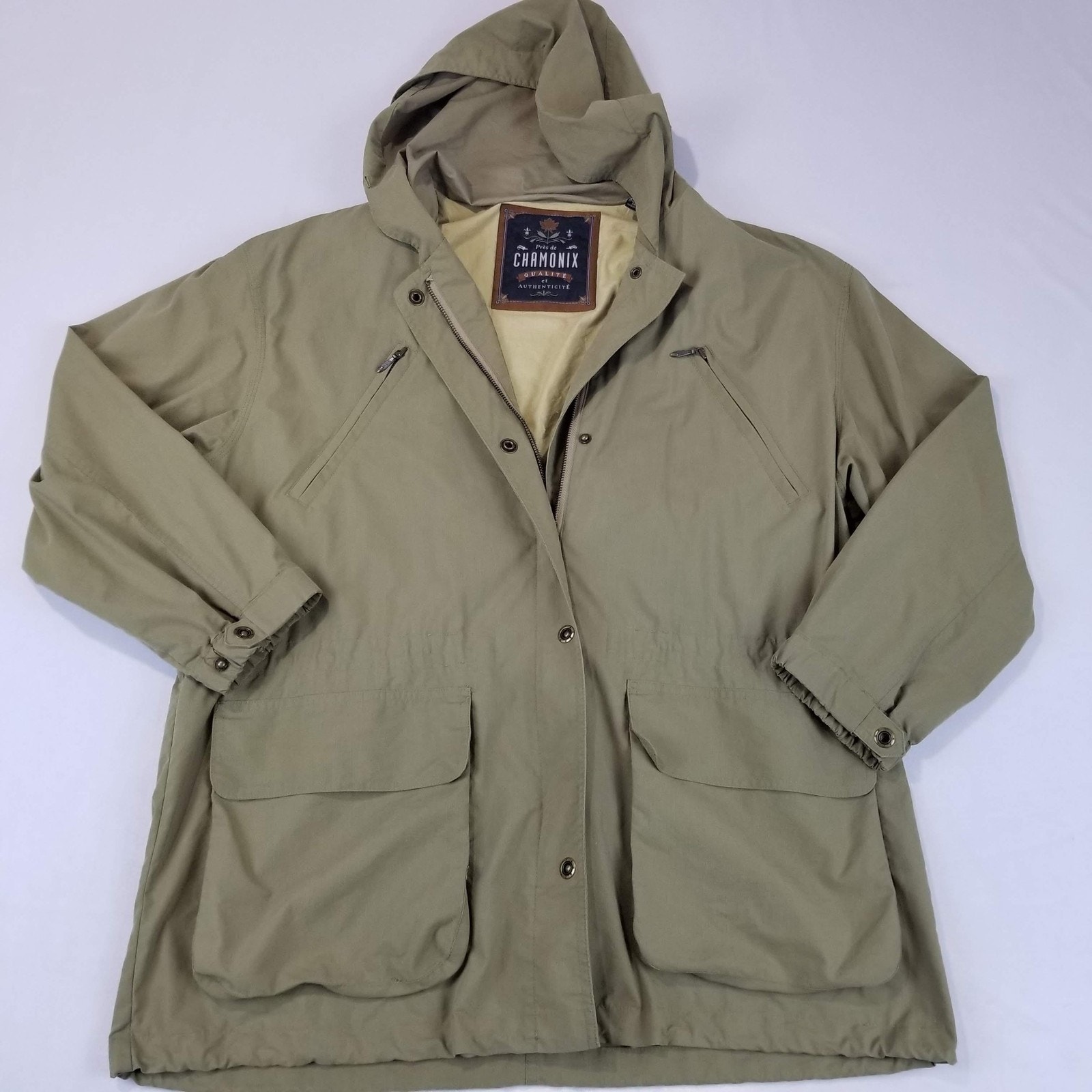 Pres De Chamonix Jacket Mens Small Olive Green Hooded Parka Anorak Zip Pockets
